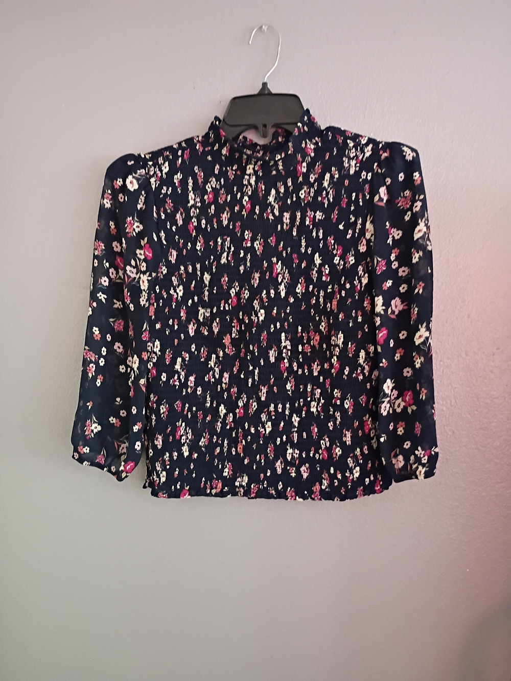 Socialite Navy Floral Smocked Ruffle-Neck Blouse